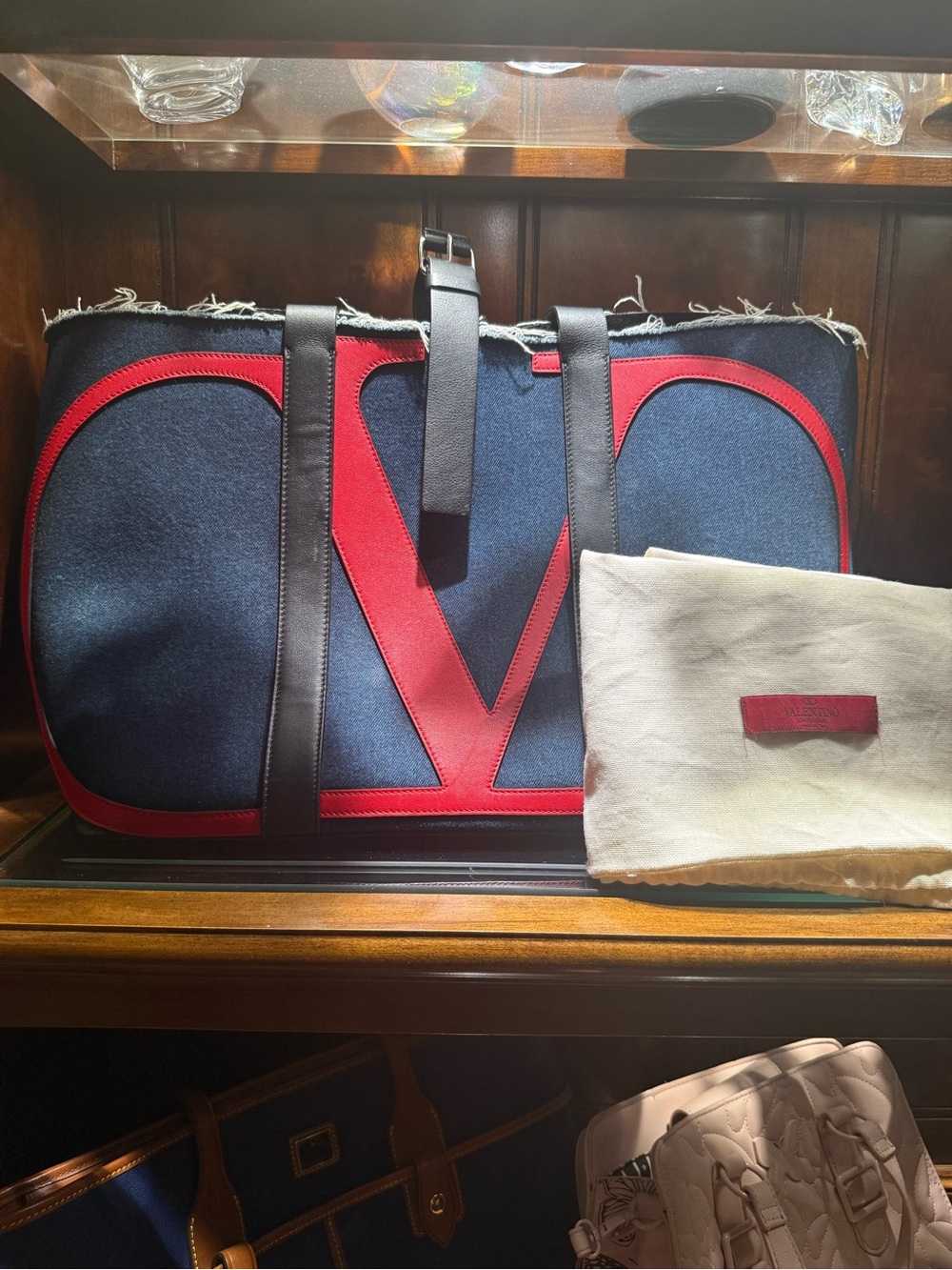 Valentino Garavani VLogo Escape Denim Tote Blue Red Leather Made in Italy